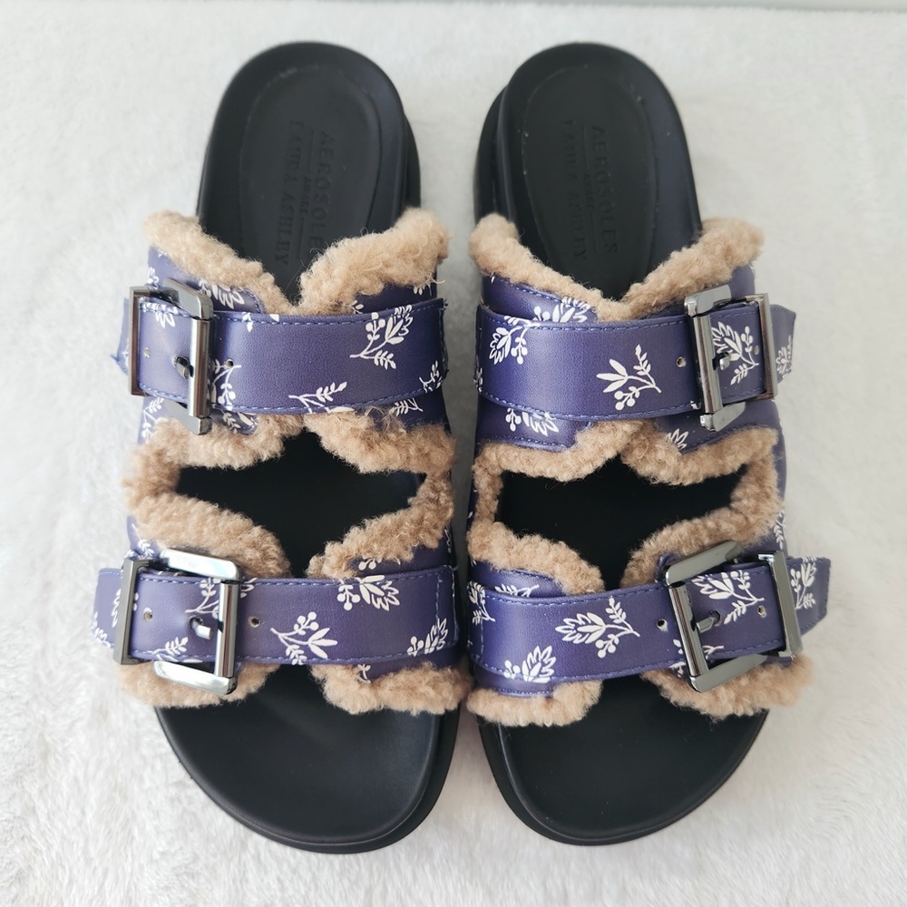 Aerosoles Laura Ashley Olivia Slides Floral Shearling Fur‎ Platform Sandals 7.5 - Picture 11 of 12